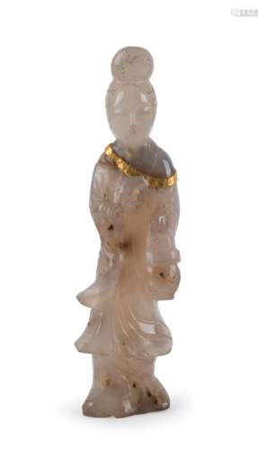 An antique Chinese carved mutton jade statue of a lady, Qing...
