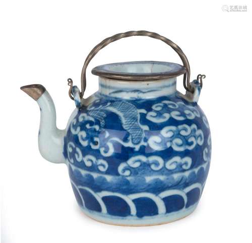 A Chinese blue glazed ceramic teapot with later silver resto...