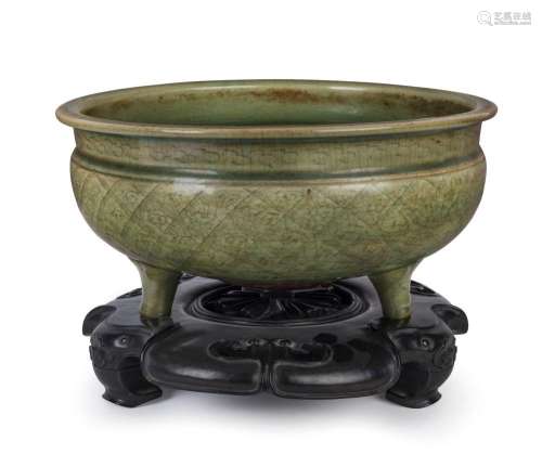 A large antique Chinese celadon porcelain censer with incise...
