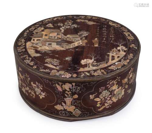 An antique Vietnamese circular wedding box, rosewood inlaid ...