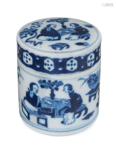 An antique Chinese blue and white porcelain herb jar with li...