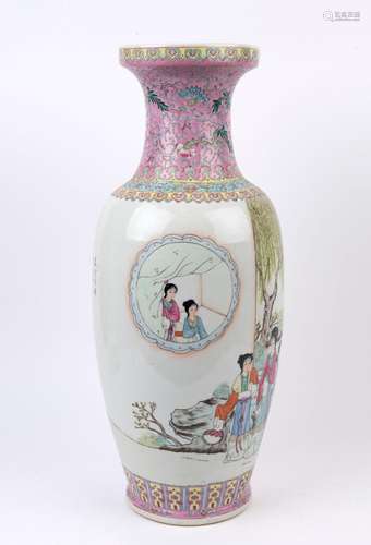 A Chinese famille rose porcelain vase with painted domestic ...