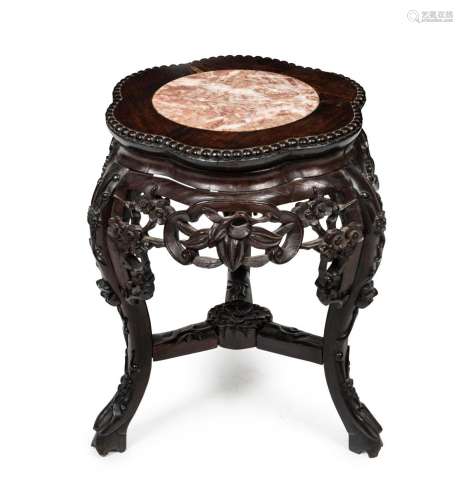 An antique Chinese pedestal, carved wood with rouge marble t...
