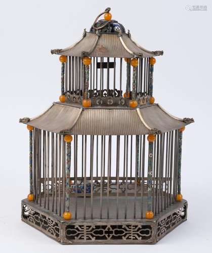 A Chinese silver finished bird cage with cloisonne and yello...