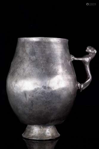 GREEK HELLENISTIC SILVER BEAKER WITH LION HANDLE