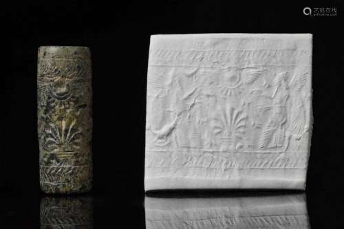 NEO-ASSYRIAN CYLINDER SEAL WITH WORSHIP SCENE