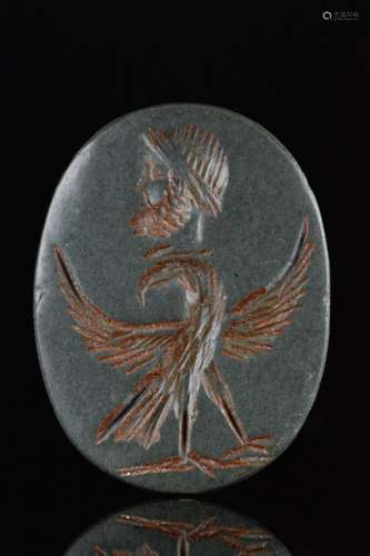 ROMAN GREEN JASPER INTAGLIO WITH EAGLE AND HEAD