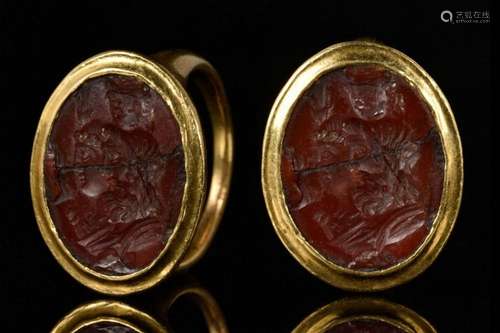 ROMAN GOLD RING WITH CARNELIAN INTAGLIO ISIS AND SERAPIS