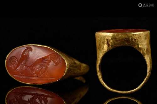 ROMAN CARNELIAN INTAGLIO WITH FIGHTING COCKERELS