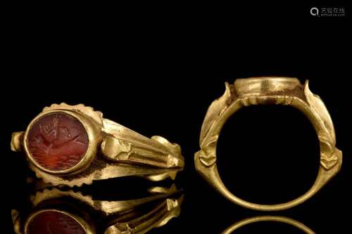 ROMAN CUPID RIDING DOLPHIN INTAGLIO GOLD RING