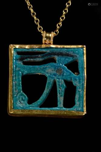 EGYPTIAN FAIENCE WEDJAT IN LATER GOLD PENDANT