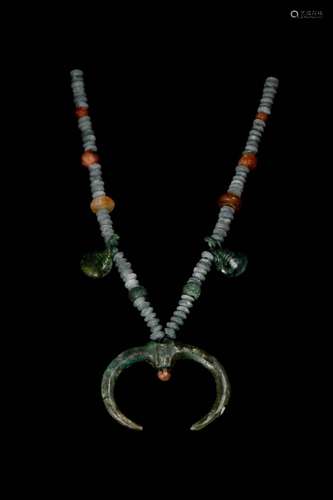 BRONZE AGE CARNELIAN AND BRONZE AMULET NECKLACE