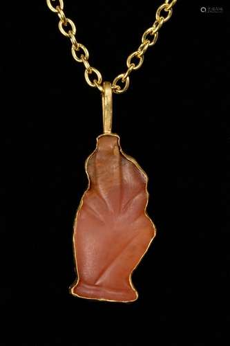 EGYPTIAN CARNELIAN HORUS AS CHILD AMULET IN LATER GOLD PENDA...