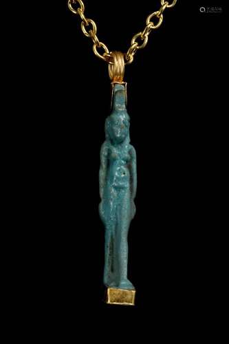 EGYPTIAN FAIENCE ISIS AMULET IN LATER GOLD PENDANT