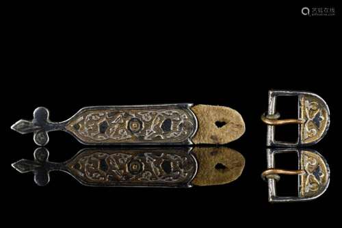 MEDIEVAL SILVER GILT BELT BUCKLE AND STRAP END