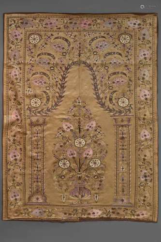 BEAUTIFULLY EMBROIDERED 19TH CENTURY SILK PRAYER MAT