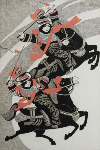 NIU Wen (Chinese 1922-2009), Horse Racers, 1985., Colour Woo...