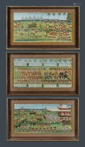 19th C Burmese Parabaik (Folding Book). Three framed panels ...
