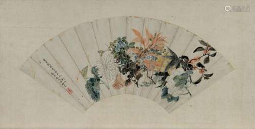 Japanese School , Fan Painted with Mixed Blooks, Ink & C...