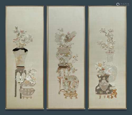 Three Early Chinese Silk Embroideries Vessels of mixed bloom...