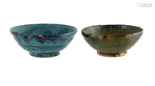 2 Persian Pottery Bowls with Incised Floral Decoration. A/F ...