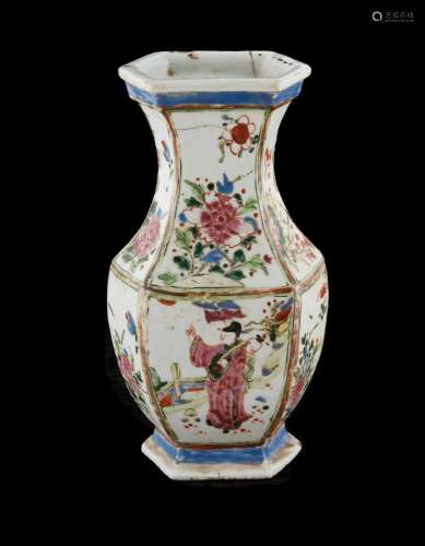 Chinese Qing Dynasty Famille Rose Hexagonal Vase A/F Repaire...