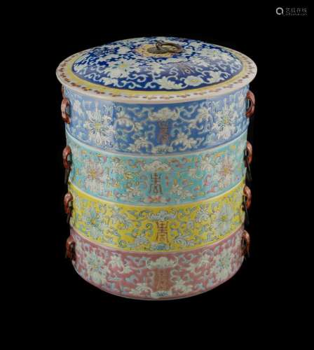 Chinese Late Qing Dynasty Famille Rose Stacking Tiffin Box L...