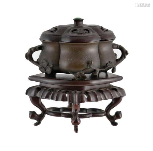 Chinese Qing Dynasty Bronze Censer with Carved Rosewood Stan...