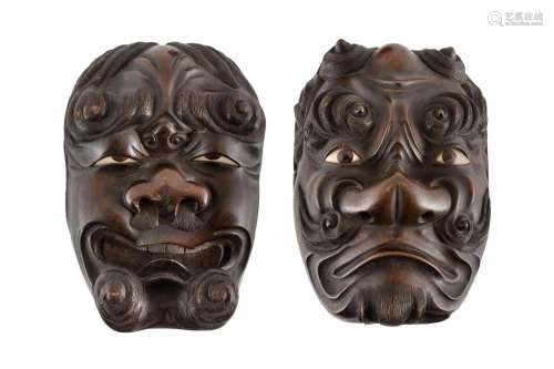 Two Japanese Finely Carved Wood Masks. Losses to rear of one...