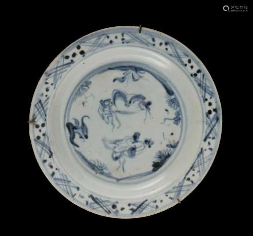 Chinese Late Ming Dynasty Blue and White Dish Unglazed withi...