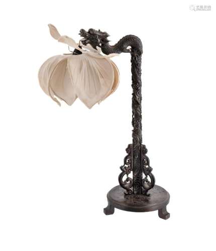 Chinese Export Carved Rosewood Table Lamp A/F silk shade per...