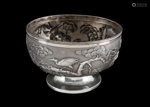 Chinese Export Silver Pedestal Bowl Decorated with Egret &am...