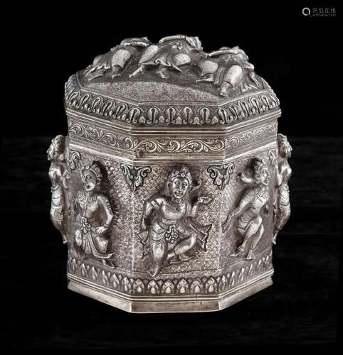 Large Burmese Silver Octagonal Betel Box With high relief re...