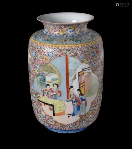 Chinese Porcelain Famille Rose Rouleau Vase. With reserve pa...