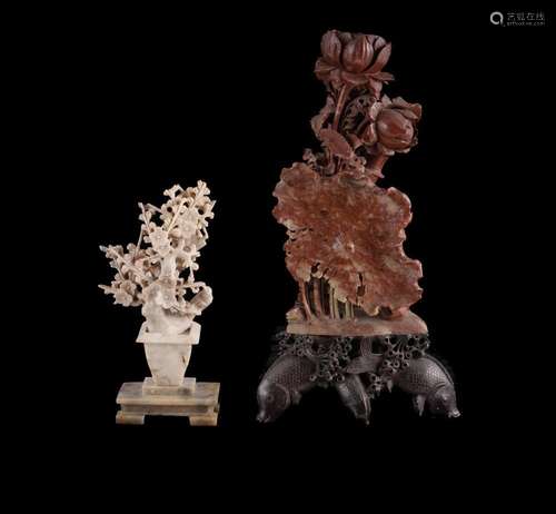 Two Chinese Soapstone Carvings Well carved candlestick, natu...