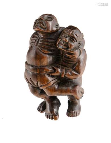 Japanese Boxwood Netsuke Depicting two sumo wrestlers. Unsig...