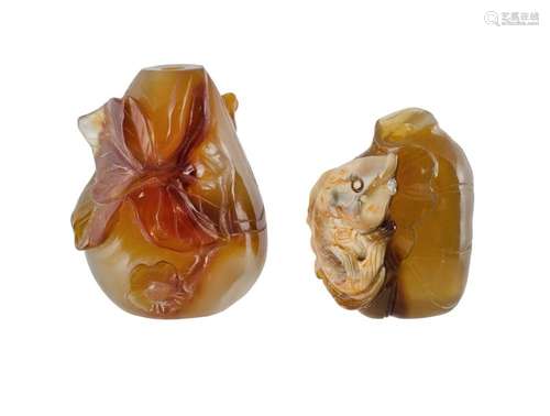 2 19th C Chinese Agate Snuff Bottles. One carved with high r...