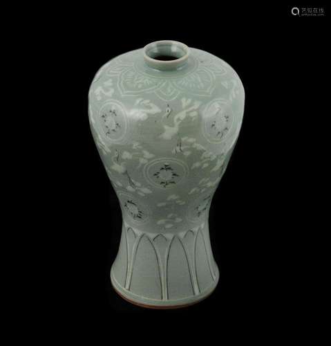 Korean Celadon Glaze Porcelain Vase. Decorated with cranes &...