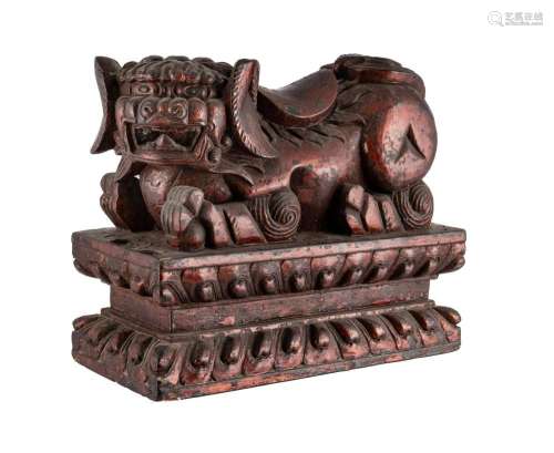 Chinese Carved Wood & Lacquer Temple Lion on Double Lotu...