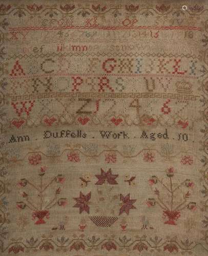 19th C Sampler , 'Ann. Duffells. Work. Aged. 10', , ...