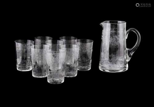 Australian Water Jug and Eight Tumblers. With etched decorat...