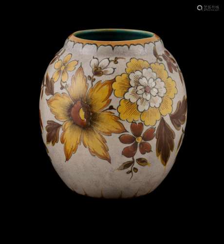 Gouda Pottery Dena Vase. With brown & yellow floral deco...