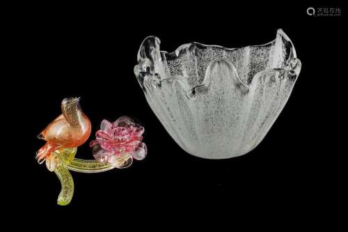 Two Murano Glass Items Large clear bubble glass handkerchief...