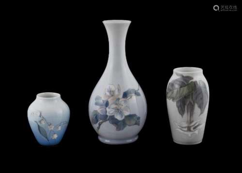 3 Danish Porcelain Vases. Royal Copenhagen vase, decorated w...