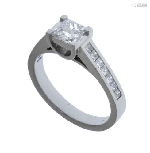 Platinum Set Diamond Ring. Central stone princess cut (0.66c...