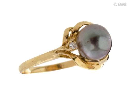 18ct Yellow Gold Pearl & Diamond Ring 9.5mm black pearl ...