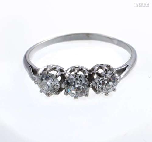 18ct White Gold & Platinum Triple Diamond Ring 3 Old Eur...