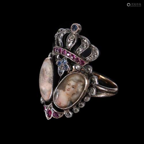 Late 18th C 18ct Yellow & Silver Twin Portrait Ring. Twi...