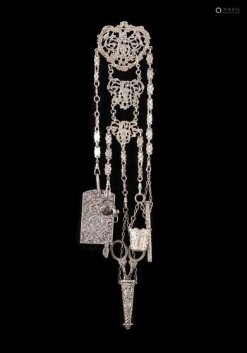 Late Victorian Sterling Silver Chatelaine Comprising noteboo...