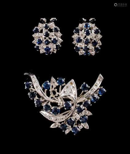 Sapphire & White Stone Brooch & Earrings Rhodium pla...